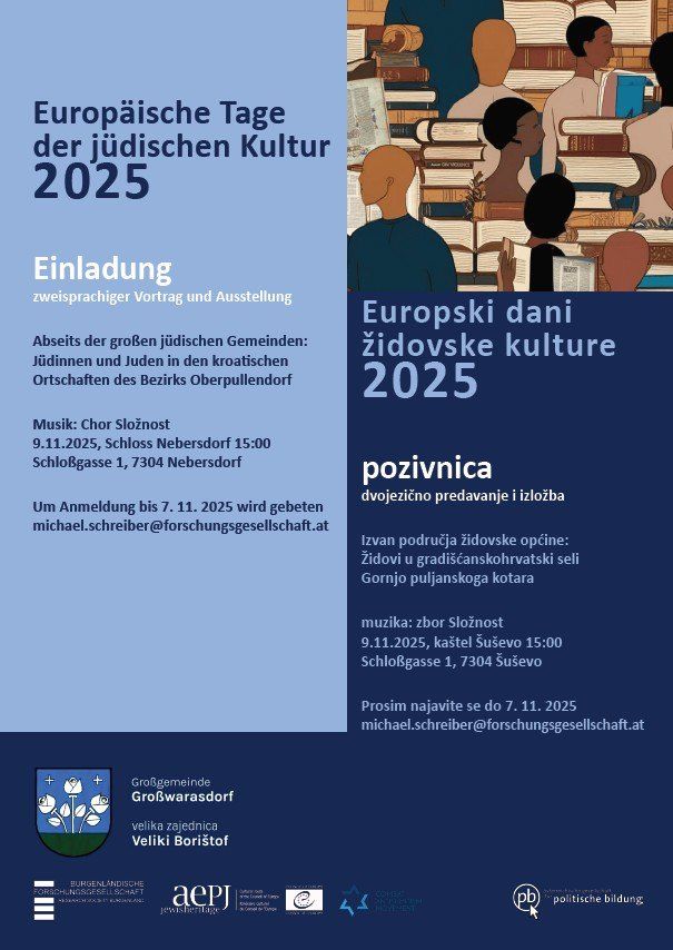 Plakat für die Europäischen Tage der jüdischen Kultur 2025 mit einer Illustration von Menschen beim Lernen, Text auf Deutsch und Kroatisch. Veranstaltungsdetails umfassen einen zweisprachigen Vortrag und Ausstellung über jüdische Kultur, einen Musikauftritt von Chor Sloznost und Anmeldung bis zum 7. November 2025.