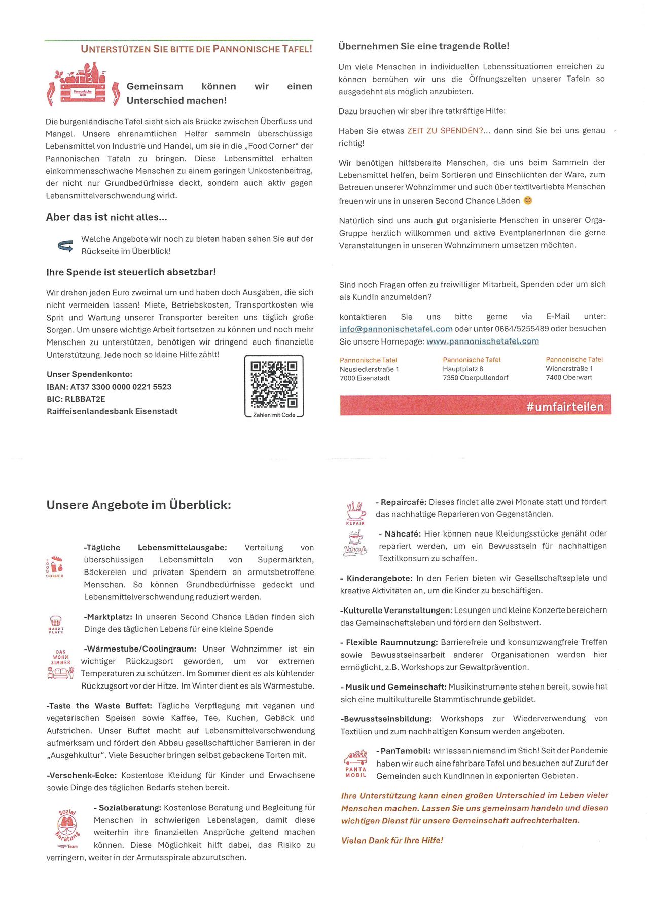 Ein Flyer über Lebensmittelverschwendung, der eine IBAN für Spenden enthält. Es enthält Informationen über einen Second-Hand-Laden, ein Abfallbuffet und einen Kleidungsaustausch. Es erwähnt ein Reparaturcafé und kostenlose Kleidung für Kinder und Erwachsene. Es bietet auch Details zu einem bevorstehenden Workshop.