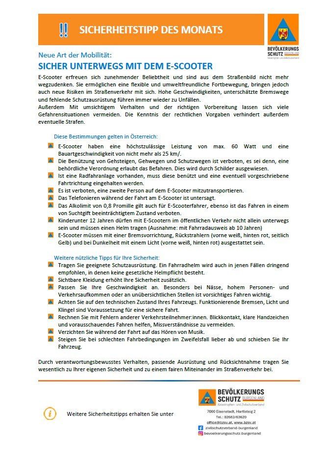 Das Bild enthält Informationen zur sicheren Nutzung von E-Scootern, betont die Bedeutung flexibler und verantwortungsvoller Fahrt, die Einhaltung von Vorschriften und die Verwendung der richtigen Ausrüstung. Es hebt die Notwendigkeit eines Reflektorweste, angemessener Beleuchtung und Helmgebrauch hervor und warnt vor rücksichtslosem Verhalten und Alkoholkonsum beim Fahren.