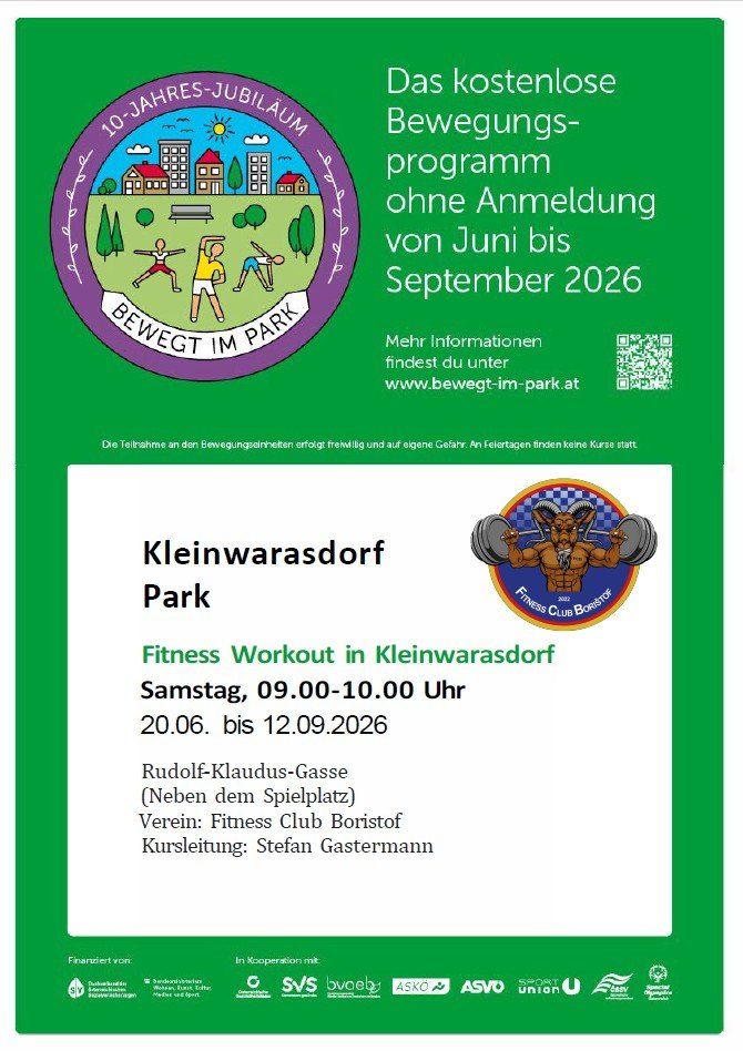 Plakat für ein Fitness-Workout im Kleinwarasdorf-Park vom 20.06. bis 12.09.2026, organisiert vom Fitness Club Borisdorf. Details unter www.bewegt-im-park.at.