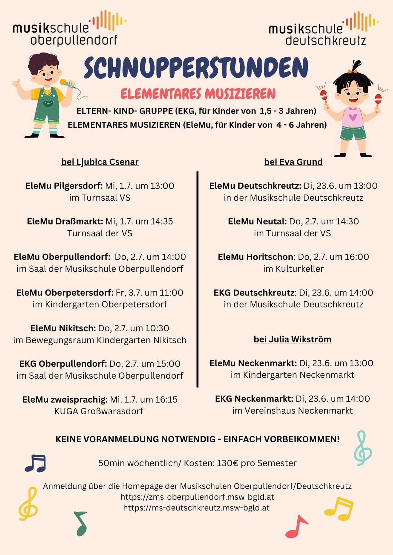 Elementares Musikmachen für Eltern-Kind-Gruppen und Kinder von 4-6 Jahren. Verschiedene Orte und Zeiten. Keine Anmeldung nötig. 50 Minuten pro Woche für 130€ pro Semester.