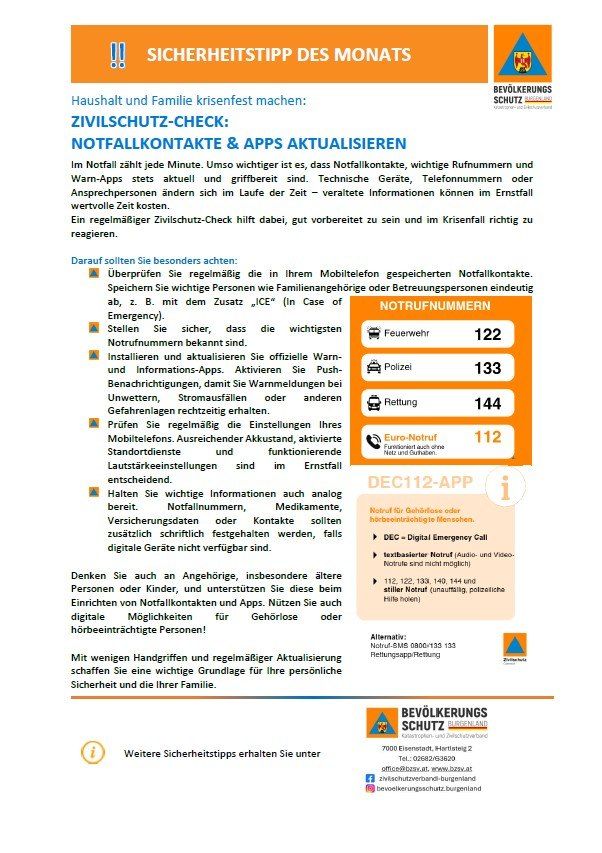 Infografik zur Krisenbewältigung im Haushalt und in der Familie, die den Zivilschutz-Check betont. Es empfiehlt, Notfallkontakte und Notfall-Apps zu aktualisieren, wichtige Nummern und Kontakte zu speichern und analoge Backups digitaler Informationen zu erstellen. Es schlägt auch vor, ältere Menschen und Kinder im Umgang mit Notfall-Apps zu schulen.