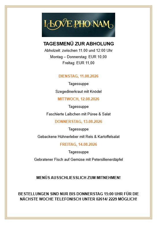A menu for takeout service from a restaurant called I Love Pho Nam. The menu lists daily specials from August 11th to August 14th, 2026, including soup, chicken, and fish dishes. Orders can be placed by phone until 3 PM on Thursday for the following week.
