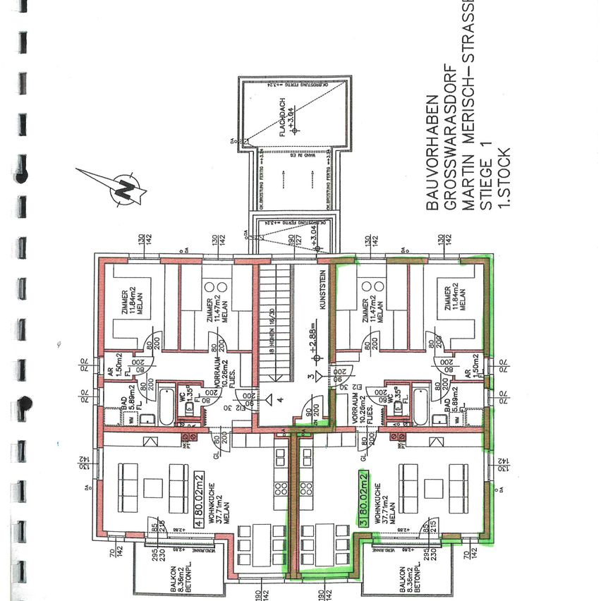 A floor plan of a residential building with labeled rooms, dimensions, and a highlighted section indicating a specific area.