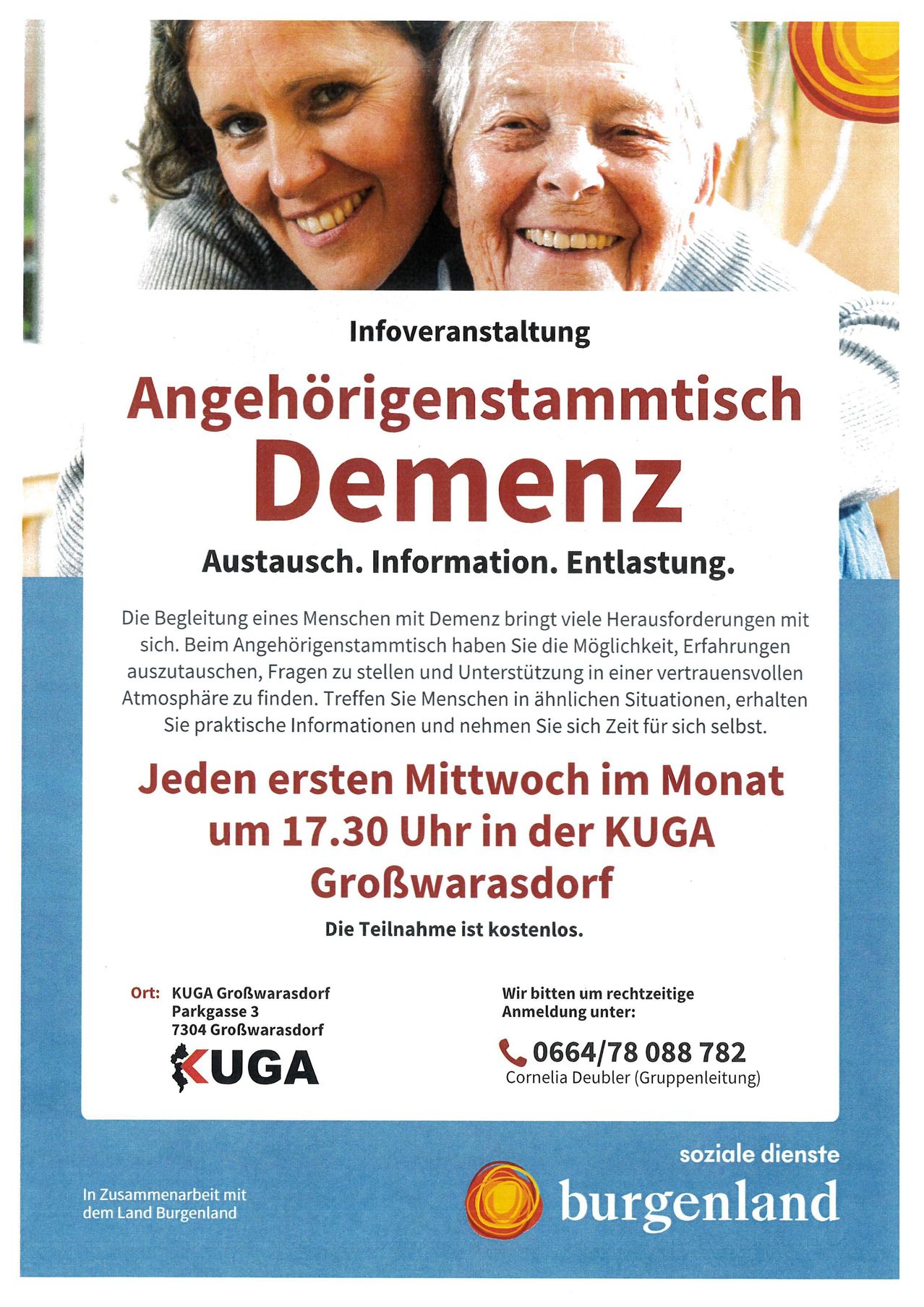 Poster for a family meeting about dementia, featuring a smiling elderly couple. It provides information on exchange, information, and relief, and invites participation in a monthly meeting at KUGA Großwarasdorf.