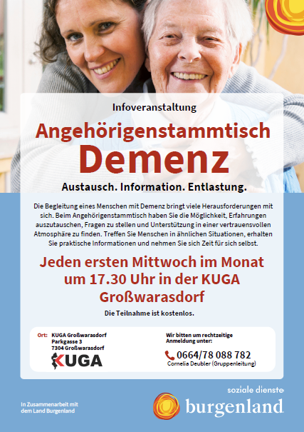 An advertisement poster for a dementia support group meeting. It features a smiling elderly couple with text in German. The poster includes details about the meeting time, location, and contact information.