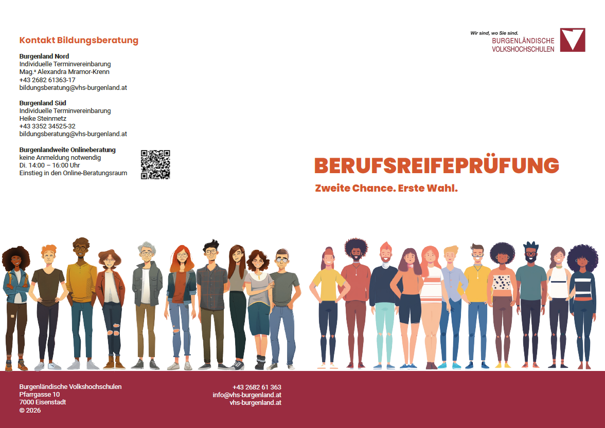 A flyer for a career path assessment service in Burgenland, Austria, featuring a diverse group of people and a QR code for more information.