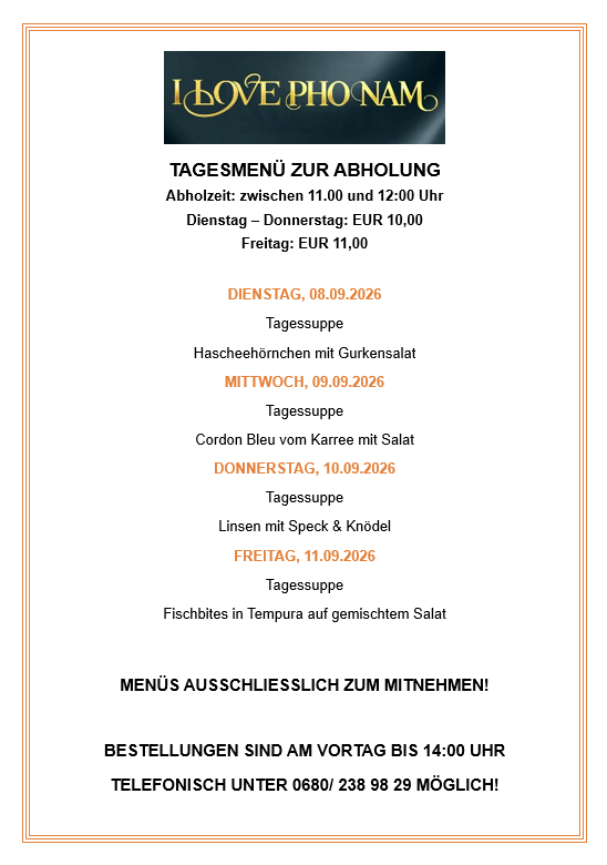 Tagesmenü zur Abholung mit täglicher Suppenauswahl, verfügbar von Dienstag bis Freitag. Bestellung bis 14:00 Uhr am Vortag. Telefonnummer angegeben.