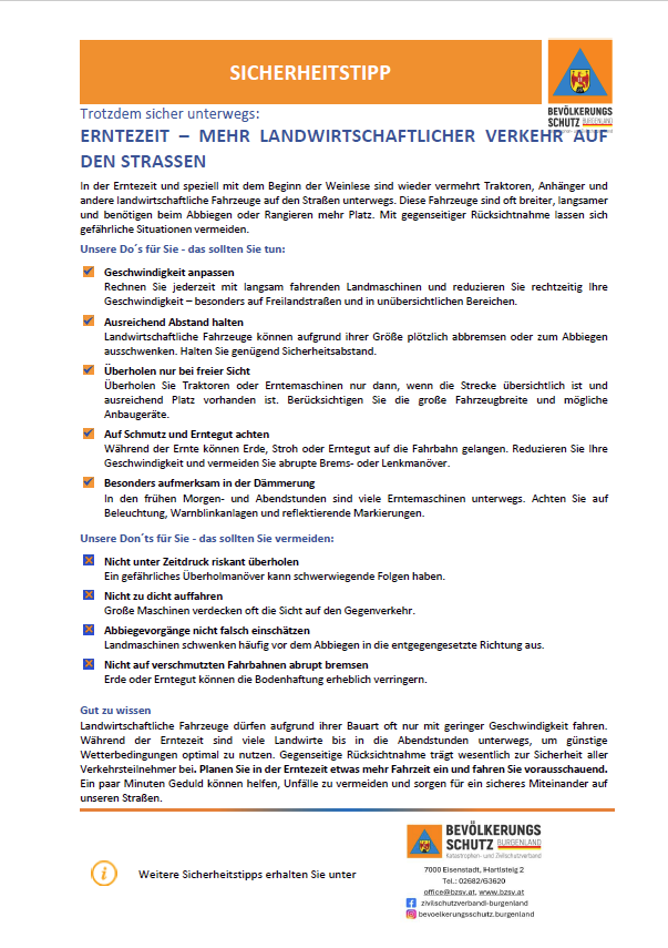 Sicherheitstipp mit orangefarbenem Hintergrund und weißem Text. Es behandelt die erhöhte Präsenz landwirtschaftlicher Fahrzeuge auf den Straßen während der Erntezeit und bietet Sicherheitstipps für Autofahrer. Es enthält Ratschläge zum Anpassen der Geschwindigkeit, zum Einhalten von Abstand und zur Vorsicht in bestimmten Situationen. Das Dokument hebt auch die Bedeutung der Geschwindigkeitsreduzierung in der Nähe von Landmaschinen und der erhöhten Wachsamkeit in den Morgen- und Abendstunden hervor.