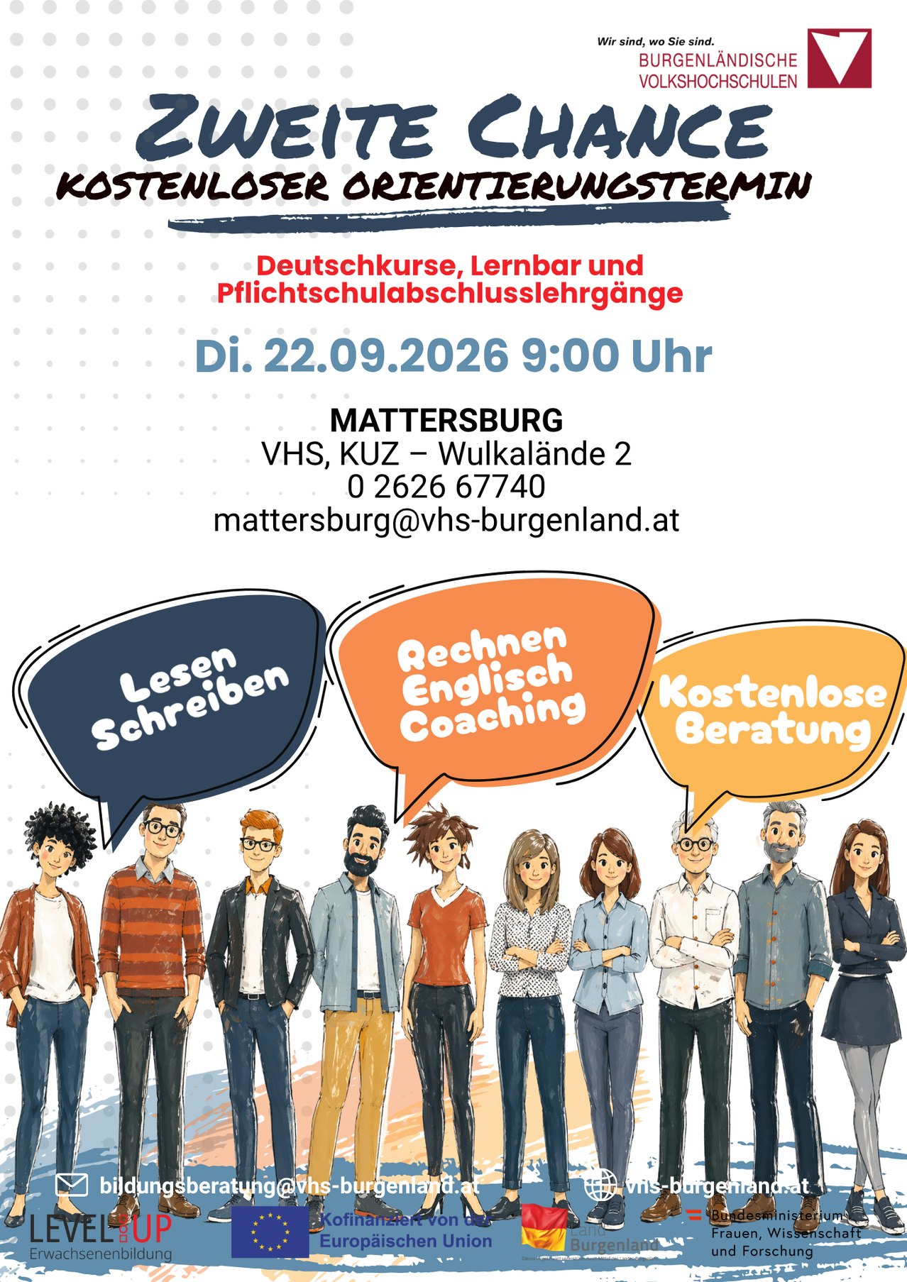 Plakat für eine kostenlose Orientierungsveranstaltung in Mattersburg am 22. September 2026. Es zeigt eine Gruppe von Menschen mit Sprechblasen, die kostenloses Englisch-Coaching und Beratung anbieten.