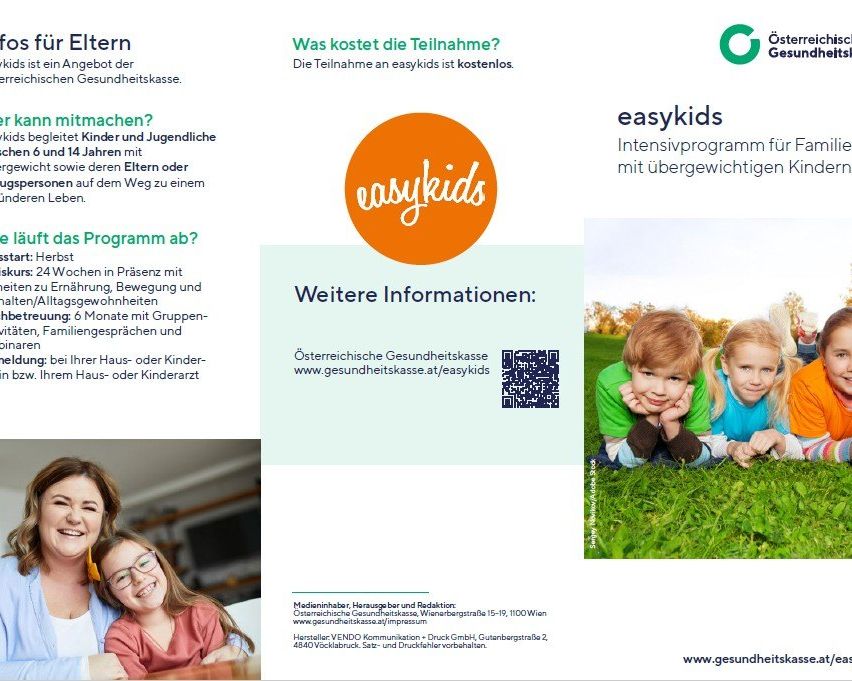 Ein Bild mit einer Frau und einem Kind. Text über das easykids-Programm für übergewichtige Kinder. Es ist kostenlos für Personen mit Krankenversicherung. Weitere Informationen auf der Website.