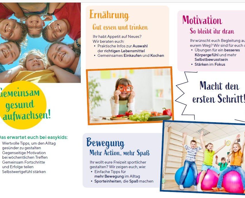 Das Bild zeigt vier Bereiche mit den Titeln 'Ernährung', 'Motivation', 'Bewegung' und einem großen Bild von Kindern. Der Bereich 'Ernährung' bietet praktische Informationen zum gesunden Essen und Trinken. Der 'Motivation'-Bereich behandelt das Thema, wie man auf dem richtigen Weg bleibt. Der 'Bewegung'-Bereich schlägt einfache Tipps für tägliche Bewegung vor. Das große Bild zeigt Kinder bei verschiedenen Aktivitäten.