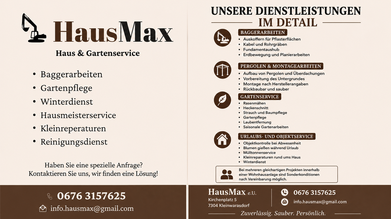 Gartenservice mit verschiedenen Dienstleistungen wie Graben, Kabel- und Rohrverlegung, Fundamentgruben, Erdbewegung und Planierarbeiten. Pergola- und Zaunbau, Fundamentvorbereitung, Montage nach Herstelleranweisung, Demontage und Reinigung. Rasenpflege, Mähen, Hecke schneiden, Laubentfernung, Saisonale Gartenarbeiten. Urlaubs- und Objektservice, Objektkontrolle bei Abwesenheit, Blumenpflege während Urlaub, Wartungsservice, Kleinreparaturen rund um Haus, Winterdienst.