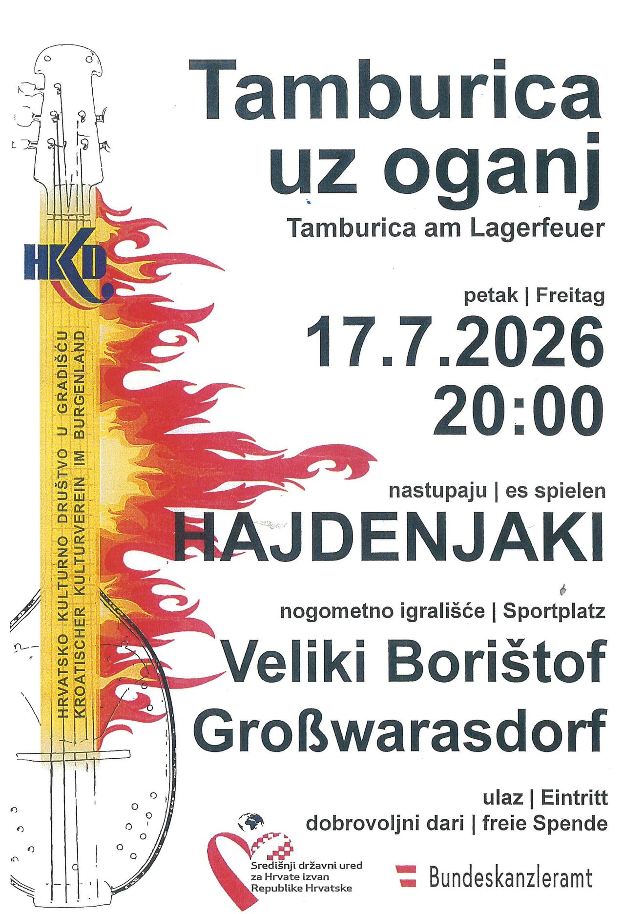 Ein Plakat für eine Tamburica-Aufführung bei Lagerfeuer mit der Band Hajdenjaki, geplant für den 17. Juli 2026 um 20:00 Uhr in Veliki Boristof, Grosswarasdorf.