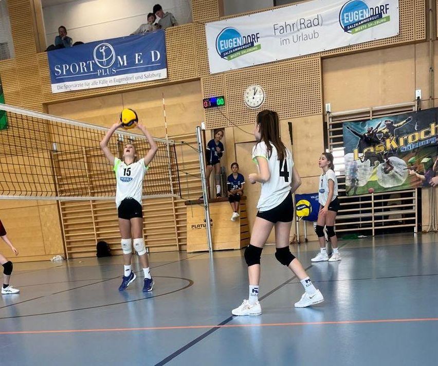 Indoor-Volleyballplatz mit Spielern. Ein Spieler mit der Trikotnummer 15 serviert den Ball. Ein weiterer Spieler mit der Nummer 4 schaut zu. Zuschauer beobachten vom Balkon.
