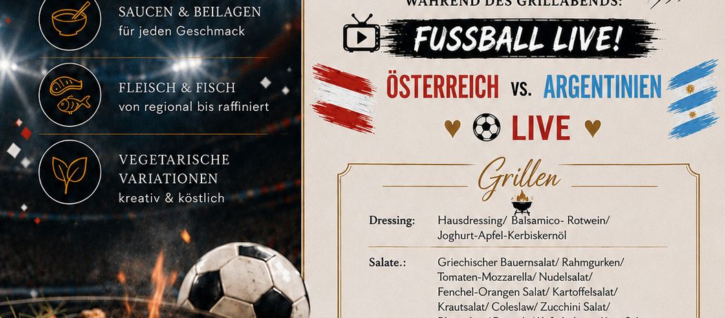 Das Aparthotel Werfenweng Restaurant-Bar bietet verschiedene Salate, Saucen, Fleisch, Fisch und vegetarische Variationen an. Grillabend am 22.06.2026 ab 18 Uhr. Live-Fußball: Österreich vs. Argentinien. Dressings, Salate, Beilagen und Grilloptionen sind aufgelistet.