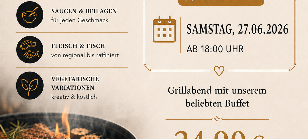 Das Bild zeigt einen Werbeflyer für ein Restaurant. Es hebt verschiedene Salatoptionen, Saucen, Fleisch und Fisch sowie vegetarische Variationen hervor. Ein spezielles Buffet am Samstag, 27.06.2026 um 18:00 Uhr kostet 24,90€ pro Person.