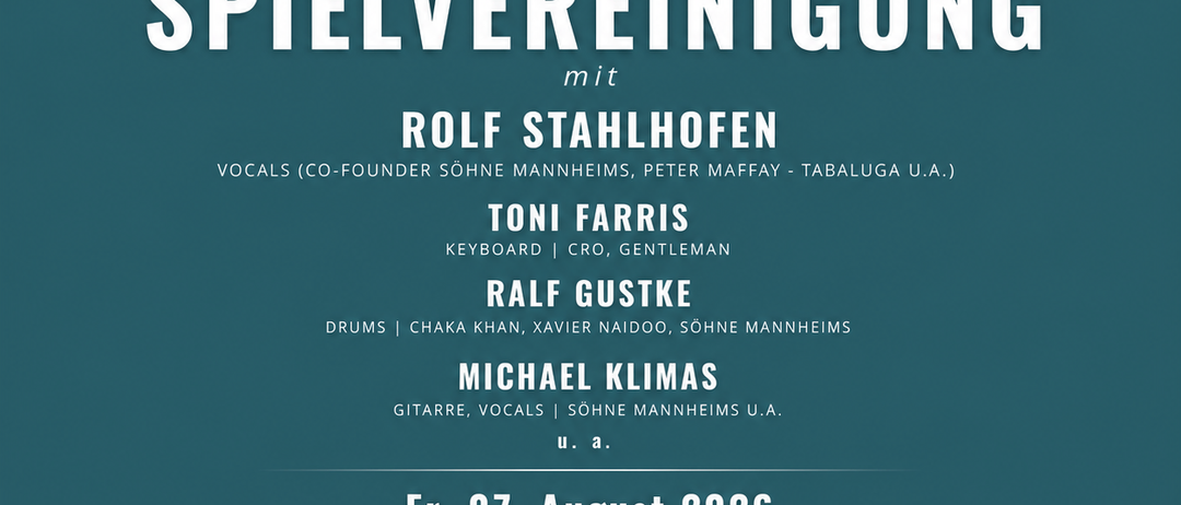Plakat für eine Live-Musik-Veranstaltung im First Place Terrasse Hotel Alpenhof am 7. August 2026 mit Rolf Stahlhofen und Toni Faris. Die Veranstaltung beinhaltet ein fliegendes Buffet, Getränke und kostet 49 Euro.