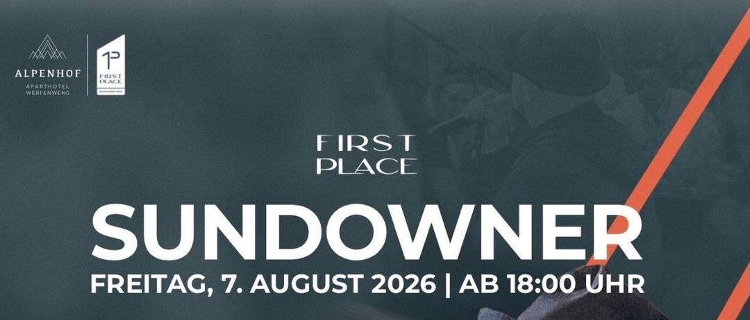 Plakat für ein Live-Musik-Event mit Sundowner, einem Mann in Hut und Sonnenbrille, der ein Mikrofon hält. Das Event ist für Freitag, 7. August 2026, ab 18:00 Uhr geplant.