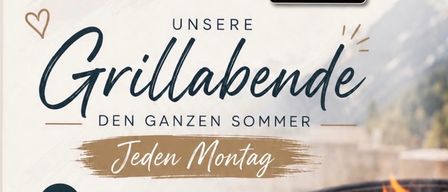 Ein Poster, das die Sommergrill-Menü eines Restaurants bewirbt, mit einem Grill mit Fleisch und Gemüse, mit einem Berg im Hintergrund. Das Menü umfasst verschiedene Salate, Saucen, Fleisch, Fisch und vegetarische Optionen.