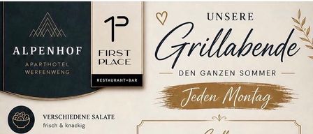 Menü für Alpenhof First Place mit verschiedenen Salaten, Saucen, Fleisch, Fisch und vegetarischen Variationen. Gegrillte Gerichte umfassen Lachs, Huhn und Rind. Dressings und Beilagen sind ebenfalls aufgeführt.