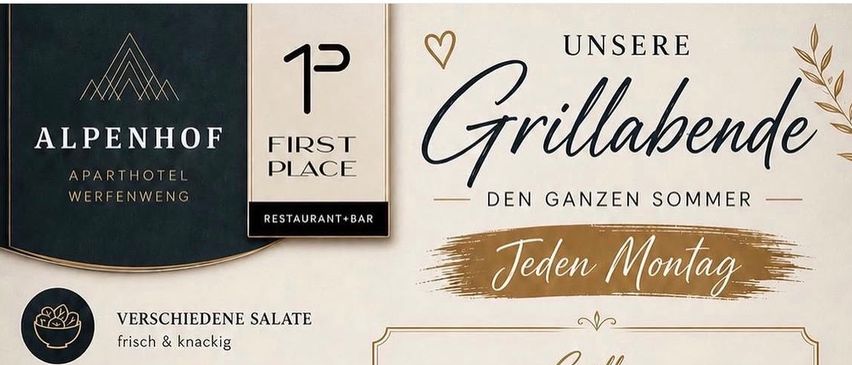 Menü für Alpenhof First Place mit verschiedenen Salaten, Saucen, Fleisch, Fisch und vegetarischen Variationen. Gegrillte Gerichte umfassen Lachs, Huhn und Rind. Dressings und Beilagen sind ebenfalls aufgeführt.
