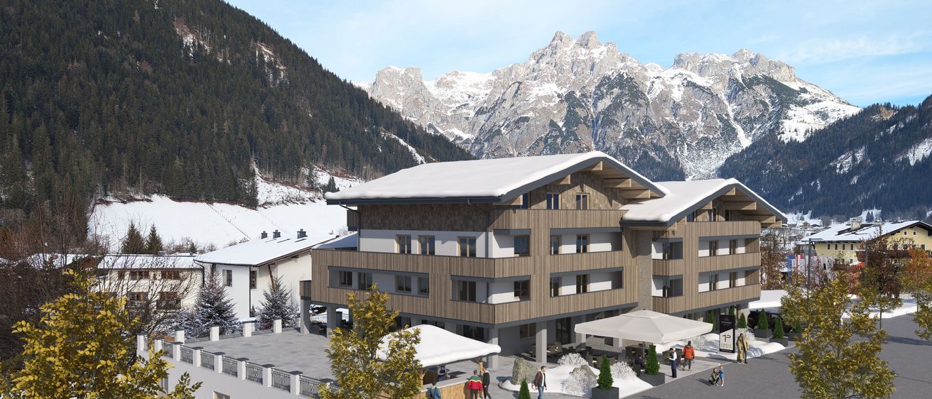 Ein modernes Hotel in einem verschneiten Gebirgsgebiet mit klarem Himmel. Menschen gehen in der Gegend herum. Es gibt Bäume, Pflanzen und ein Fahrrad auf dem Bürgersteig. Vor dem Hotel steht ein Baldachin.