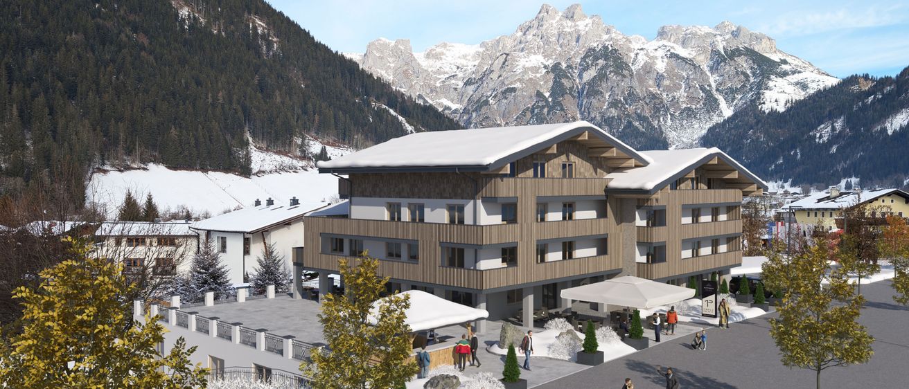 Ein modernes Hotel in einem verschneiten Gebirgsgebiet mit klarem Himmel. Menschen gehen in der Gegend herum. Es gibt Bäume, Pflanzen und ein Fahrrad auf dem Bürgersteig. Vor dem Hotel steht ein Baldachin.