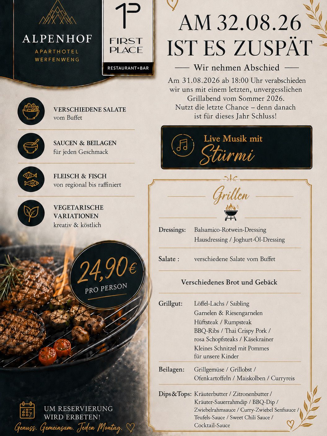 A restaurant menu featuring various dishes, including salads, sauces, meats, fish, and vegetarian options. The menu also includes a price of 24.90 euros per person. The image shows a grill with meat and vegetables.