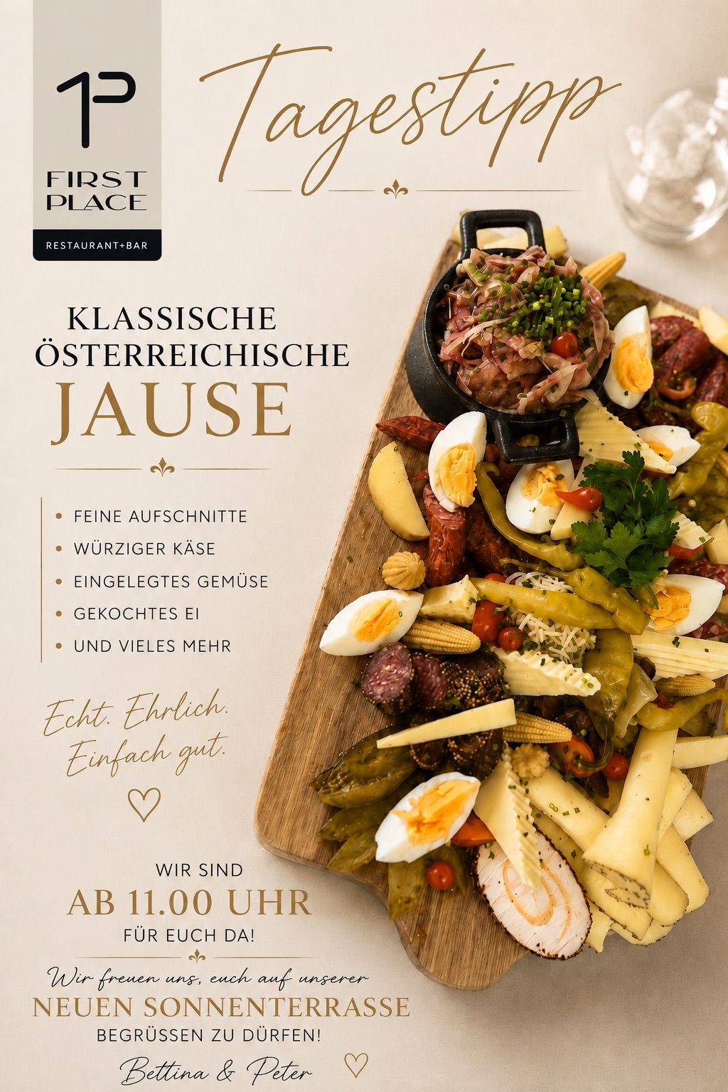 Classic Austrian Jause on a wooden board with meats, eggs, vegetables, and more. Open from 11 AM.