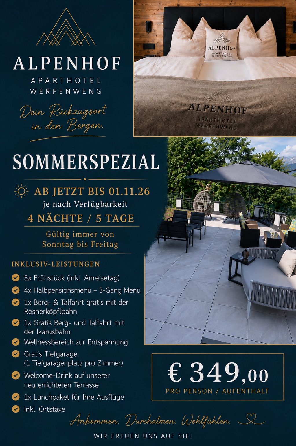Alpenhof Apart Hotel in Werfen offers a summer special valid until November 1, 2026. Stay includes 4 nights/5 days, breakfast, half-board meals, free train rides, wellness area, and free parking. Price is 340 Euros.
