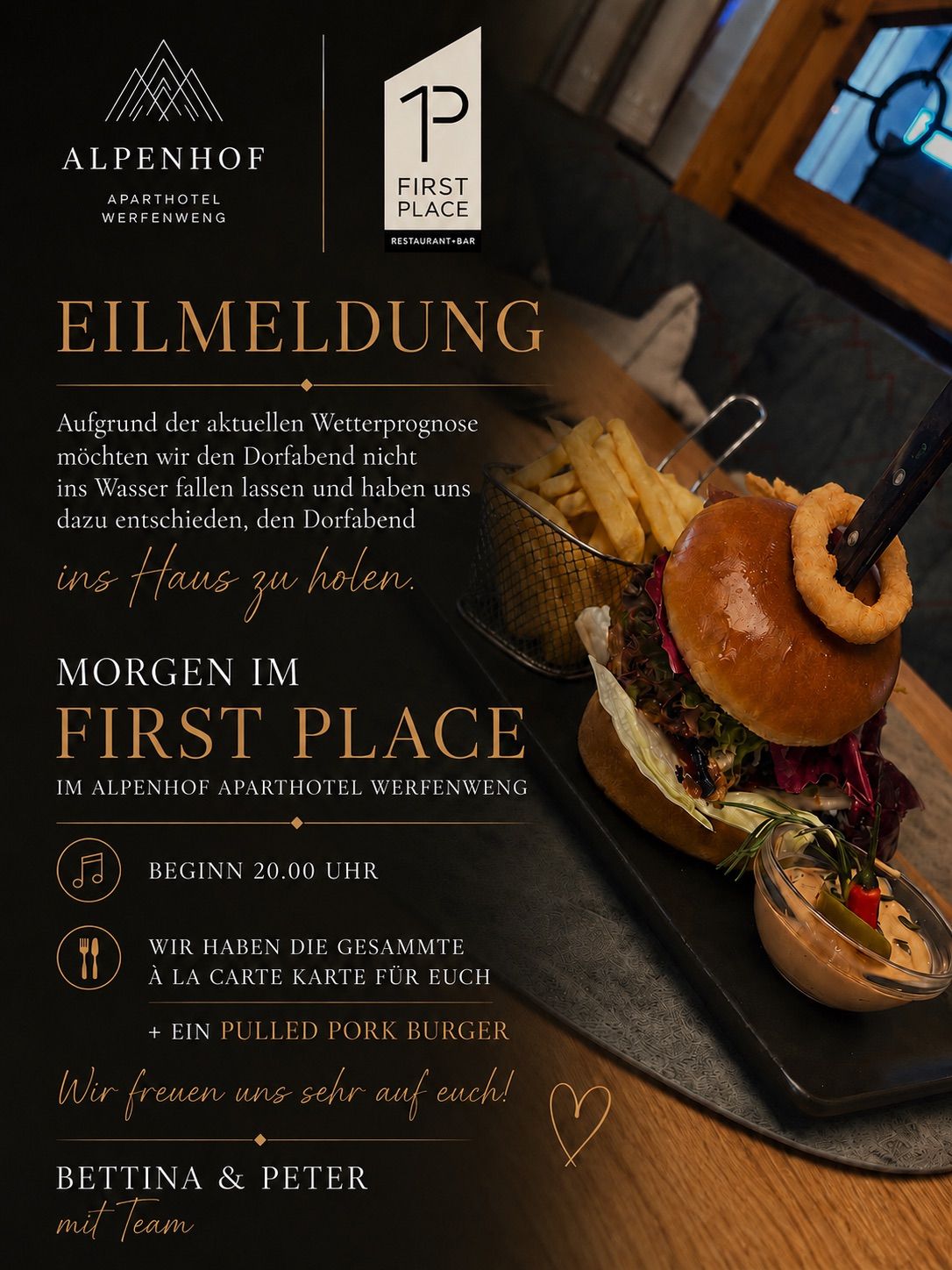 Event announcement for the First Place Restaurant-Bar at Alpenhof Aparthotel in Werfenweng. The event starts at 8:00 PM, and a pulled pork burger is included. The image shows a burger with fries and a sauce bowl.