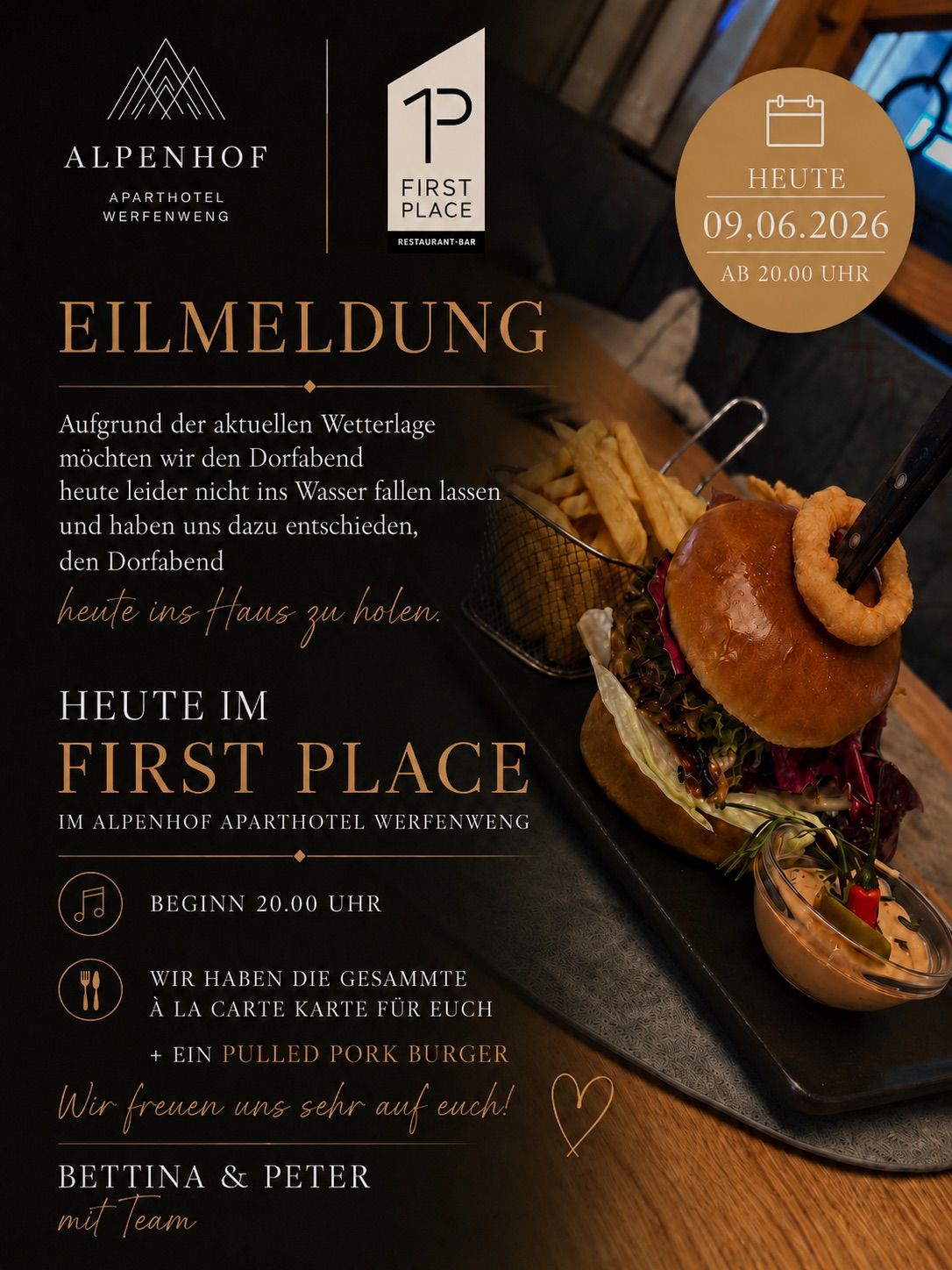 Event announcement for a burger restaurant. It mentions the cancellation of the outdoor event due to weather. It invites to join inside starting at 8 PM. A pulled pork burger is offered.