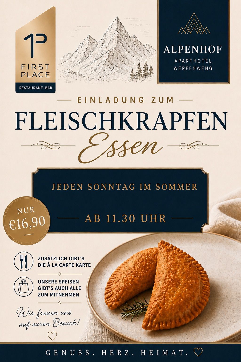 A restaurant advertisement for Fleischkrapfen Essen, featuring a pie on a plate, with the price of 16.90 euros and a la carte card available. The event is held every Sunday in summer starting at 11:30 AM.