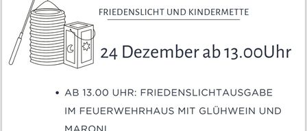 Ein Plakat für den Heiligen Abend in Worth am 24. Dezember. Beginn um 13:00 Uhr mit einer Friedenslichtübergabe im Feuerwehrhaus mit Glühwein und Maroni. Um 16:00 Uhr beginnt der Kindergottesdienst in der Pfarrkirche Worth.