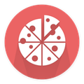 Ein Pizza-Schnitzeli-Symbol mit roter Soße und weißen Käsepunkten, in einem roten Kreis auf Schwarz.