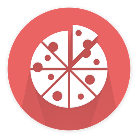 Ein Pizza-Schnitzeli-Symbol mit roter Soße und weißen Käsepunkten, in einem roten Kreis auf Schwarz.