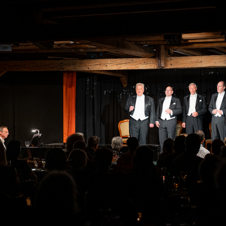 Bild enthält, Stage, People, Person, Crowd, Indoors, Theater, Suit, Face, Concert, Audience