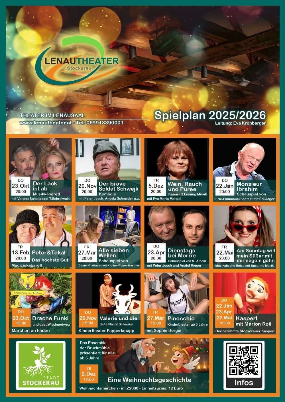 Ein Spielplan des Lenau Theaters mit verschiedenen Aufführungen, Terminen und Darstellern. Der Spielplan umfasst 'Der Lack ist ab', 'Der brave Soldat Schwejk', 'Wein, Rauch und Puree' und andere. Das Lenau Theater befindet sich in Stockerau.