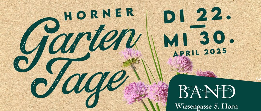 Bild eines Gartens mit braunem Hintergrund, der das Wort 'Garten' in Grün und 'April' am unteren Rand zeigt.