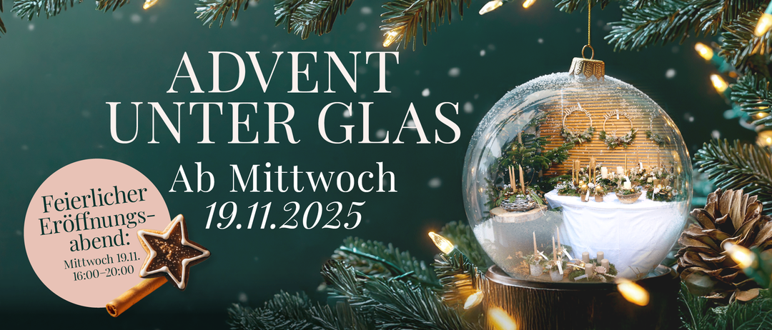 Ein Plakat bewirbt 'Adventswasserglas' an einem verschneiten Mittwoch, 9.11.2025, mit einer Schneekugel, die eine Winterszene im Inneren zeigt.