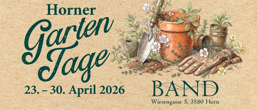 Poster für Gartentage-Veranstaltung mit Schaufel und Topf, Blumen und Pflanzen. Datum: April 2026. Ort: Wiesengasse 5, 35.