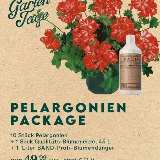 Werbeanzeige für 10 rote Geranien, einen Sack Qualitäts-Blumenerde, 45 L und 1 Liter BAND-Profi-Blumendünger für 49,99 EUR.