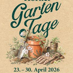 Illustration von Gartenwerkzeugen und Pflanzen, mit Text 'Garten Tage' und Daten '23. - 30. April 2026'.