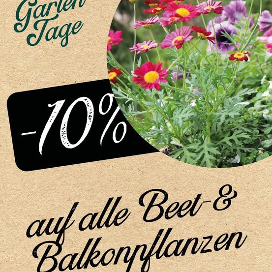 Gartentage, -10% auf alle Beet- und Balkonpflanzen. Blumen in verschiedenen Farben, grüne Blätter.