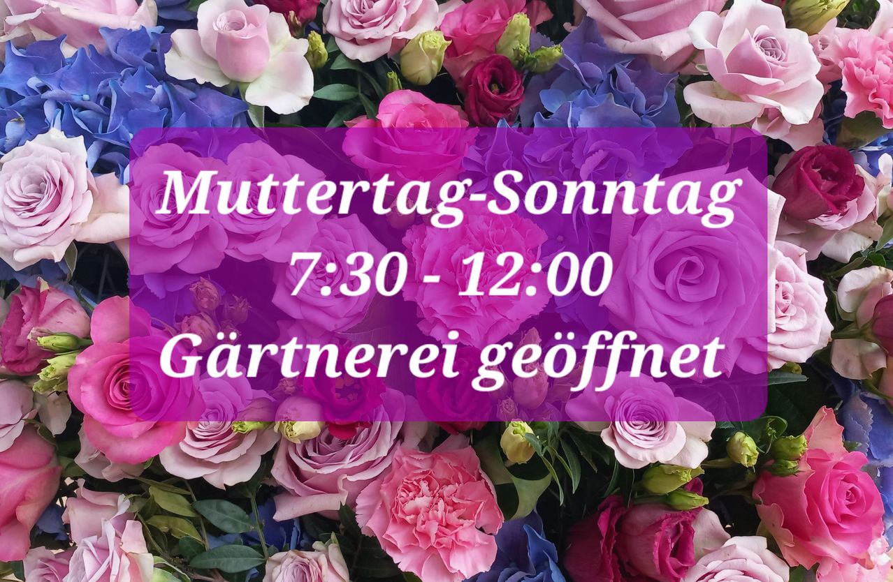 A floral arrangement with pink, purple, and blue flowers. Text overlay says 'Mother's Day Sunday 7:30 - 12:00, garden open.'