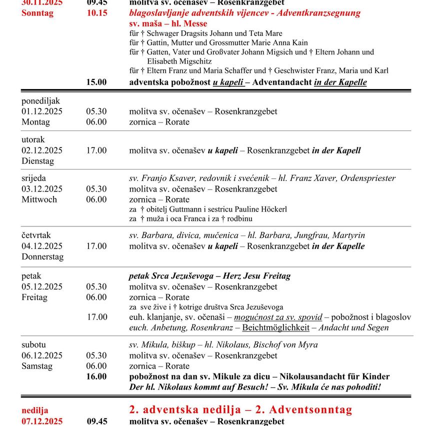 Eine Tabelle listet verschiedene Daten, Zeiten und religiöse Zeremonien auf. Beinhaltet adventliche Gebete, Messen und besondere Gottesdienste. Veranstaltungen tragen Namen von Heiligen und spezifische Tageszeiten.