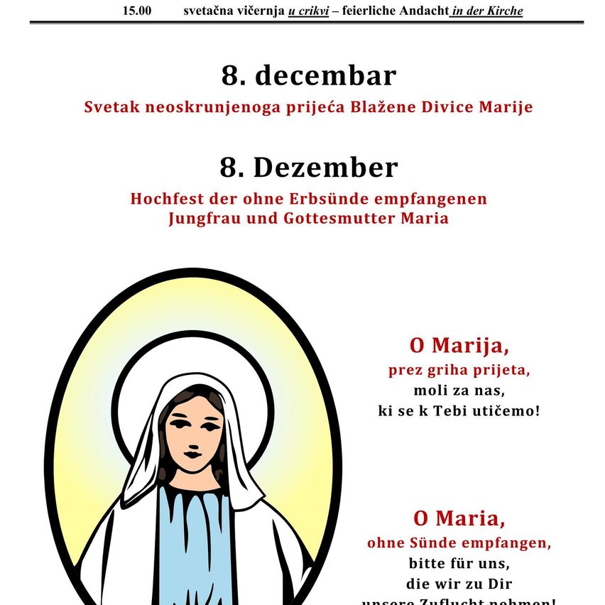 Plakat für eine religiöse Veranstaltung am 8. Dezember mit einer Illustration einer Frau, wahrscheinlich der Jungfrau Maria, und Text auf Englisch und Kroatisch. Das Bild enthält eine Botschaft zum Gebet um Schutz.