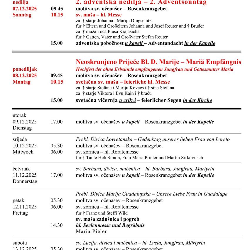 Das Bild zeigt einen Zeitplan für religiöse Veranstaltungen. Es enthält Details wie Datum, Uhrzeit und Beschreibungen der Ereignisse, alles sowohl auf Englisch als auch auf Deutsch.