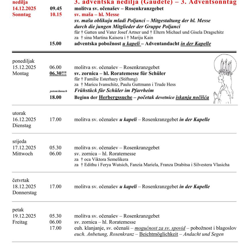 Tabelle mit Daten und Zeiten für verschiedene religiöse Dienste. Die Dienste umfassen Adventsmessen, Rosenkranzgebete und Horatemessen. Jeder Dienst hat eine Zeit, ein Datum und eine Beschreibung. Die Tabelle ist in Abschnitte für verschiedene Wochentage unterteilt.